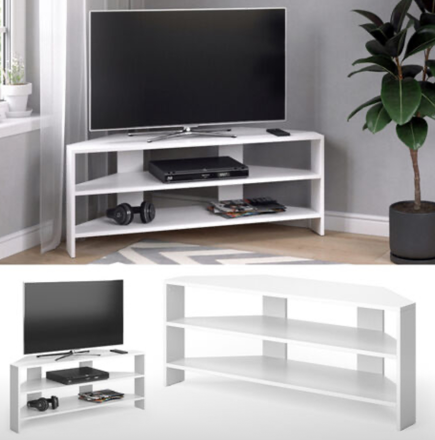 Meuble TV d'angle blanc de haute qualité - Fabriqué en Allemagne, avec espaces de rangement adaptés