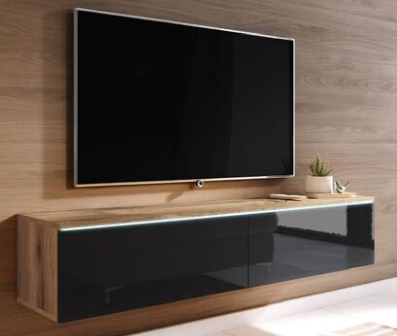 Meuble TV moderne en alliage DUBOIS avec texture noire brillante et LED