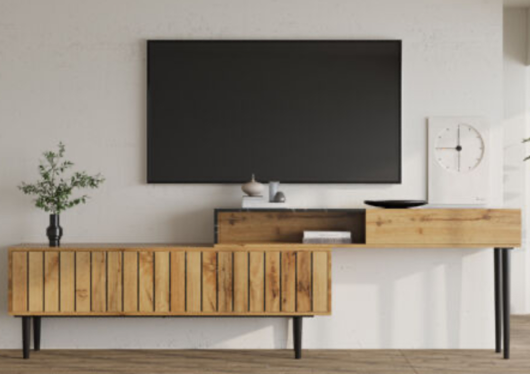 Meuble TV moderne en bois avec finition marbre et bords en PVC